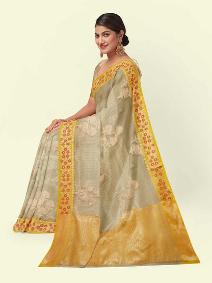 Faishana Presents Beige Woven Organza Yellow Border With Beige Blouse Banarasi Saree