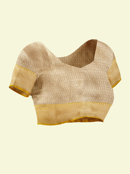 Faishana Presents Beige Woven Organza Yellow Border With Beige Blouse Banarasi Saree