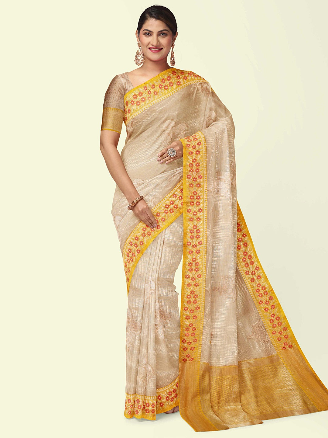 Faishana Presents Peach Woven Organza Yellow Border With Beige Blouse Banarasi Saree