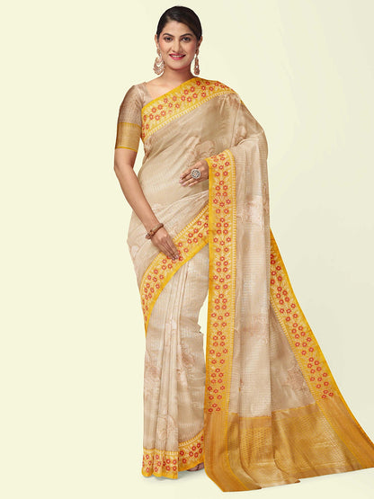 Faishana Presents Peach Woven Organza Yellow Border With Beige Blouse Banarasi Saree
