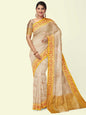Faishana Presents Peach Woven Organza Yellow Border With Beige Blouse Banarasi Saree