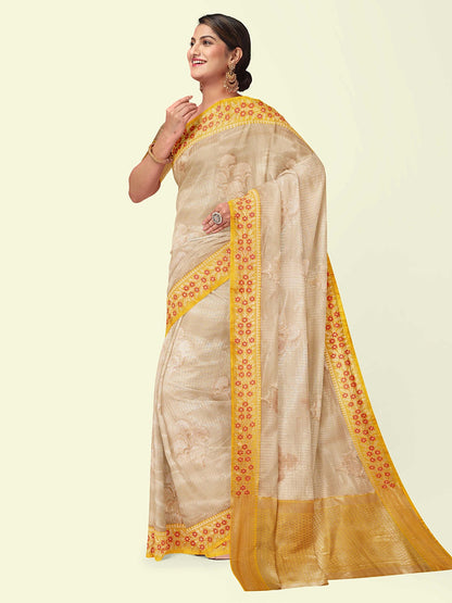 Faishana Presents Peach Woven Organza Yellow Border With Beige Blouse Banarasi Saree