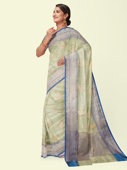 Faishana Presents Sea Green Woven Organza Blue Border With Blue Blouse Banarasi Saree