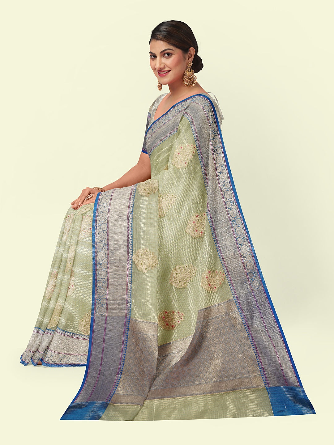Faishana Presents Sea Green Woven Organza Blue Border With Blue Blouse Banarasi Saree