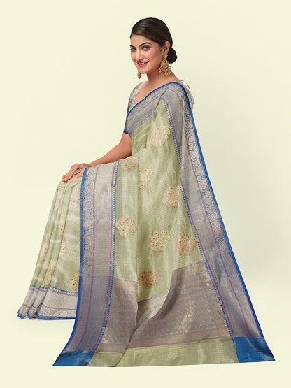 Faishana Presents Sea Green Woven Organza Blue Border With Blue Blouse Banarasi Saree