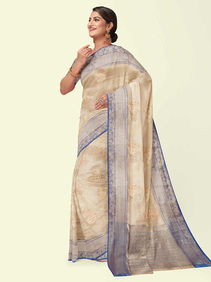 Faishana Presents Sea Beige Woven Organza Blue Border With Blue Blouse Banarasi Saree