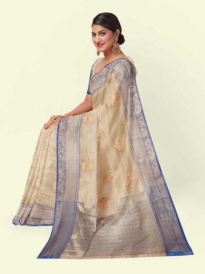 Faishana Presents Sea Beige Woven Organza Blue Border With Blue Blouse Banarasi Saree