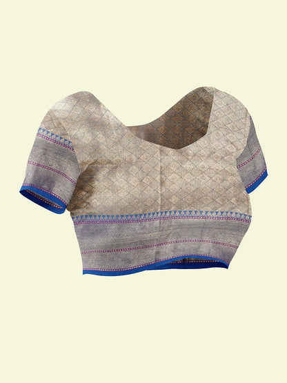 Faishana Presents Sea Beige Woven Organza Blue Border With Blue Blouse Banarasi Saree