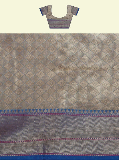 Faishana Presents Sea Beige Woven Organza Blue Border With Blue Blouse Banarasi Saree