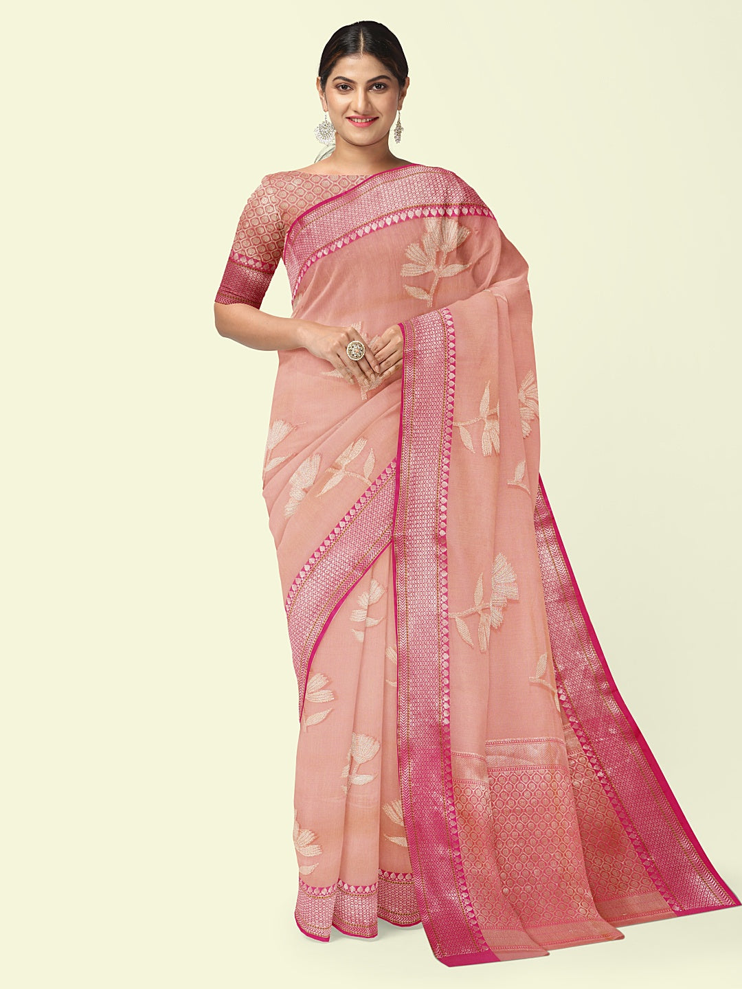Faishana Presents Pink Woven Organza Pink Border With Pink Blouse Banarasi Saree