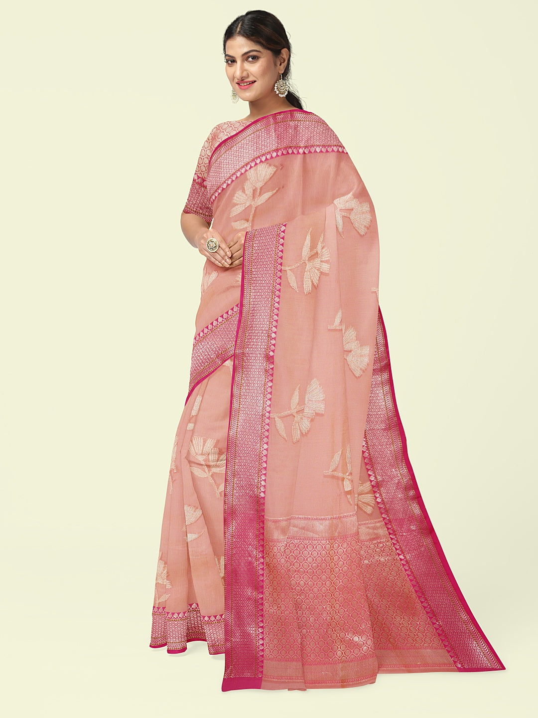 Faishana Presents Pink Woven Organza Pink Border With Pink Blouse Banarasi Saree