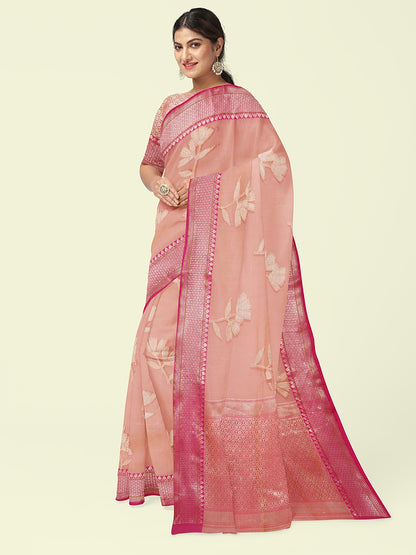Faishana Presents Pink Woven Organza Pink Border With Pink Blouse Banarasi Saree