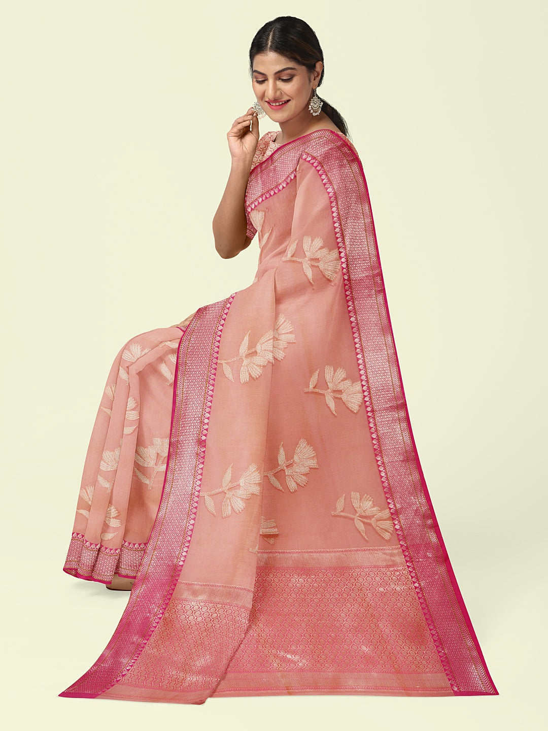 Faishana Presents Pink Woven Organza Pink Border With Pink Blouse Banarasi Saree
