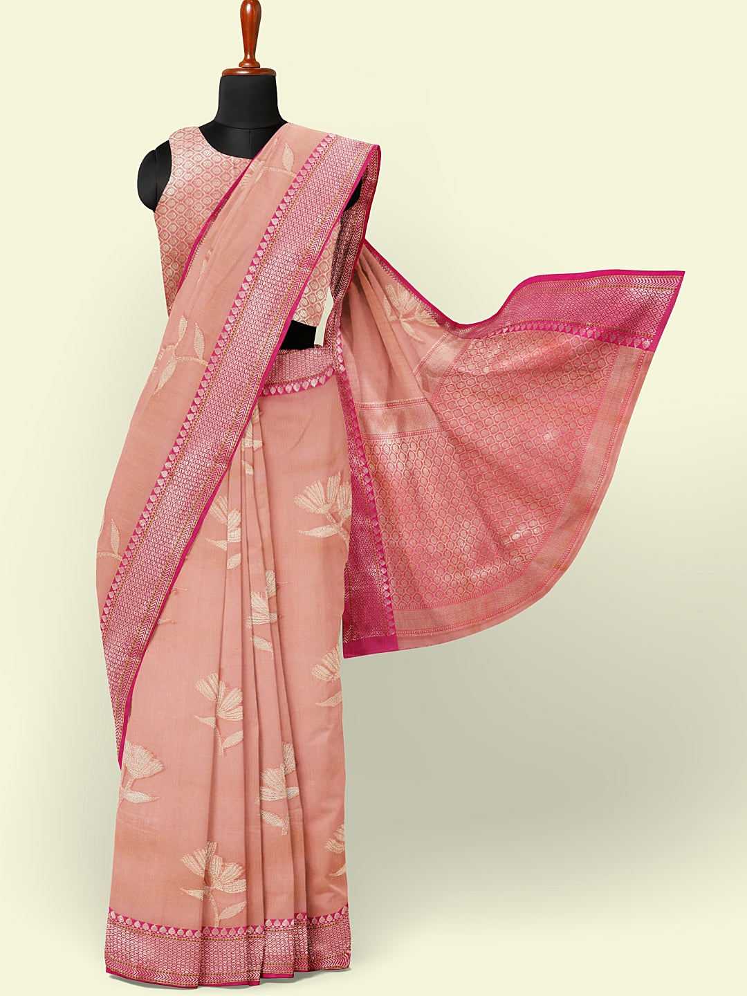Faishana Presents Pink Woven Organza Pink Border With Pink Blouse Banarasi Saree