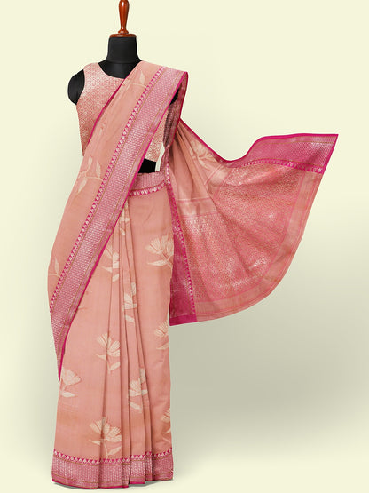 Faishana Presents Pink Woven Organza Pink Border With Pink Blouse Banarasi Saree