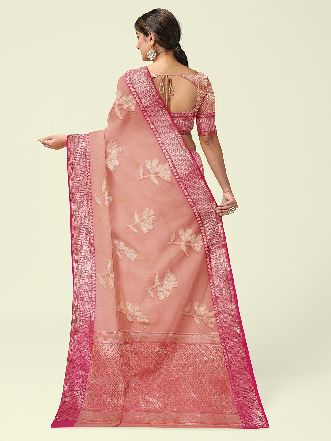 Faishana Presents Pink Woven Organza Pink Border With Pink Blouse Banarasi Saree