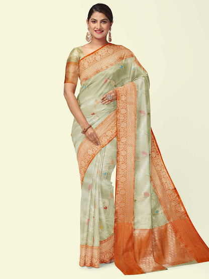 Faishana Presents Seagreen Woven Organza Orange Border With Orange Blouse Banarasi Saree