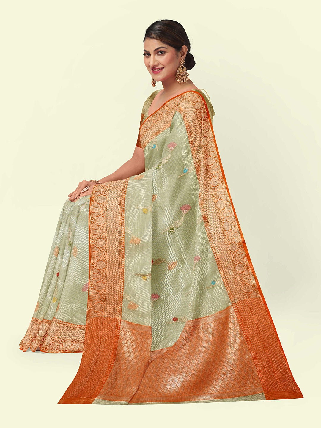 Faishana Presents Seagreen Woven Organza Orange Border With Orange Blouse Banarasi Saree