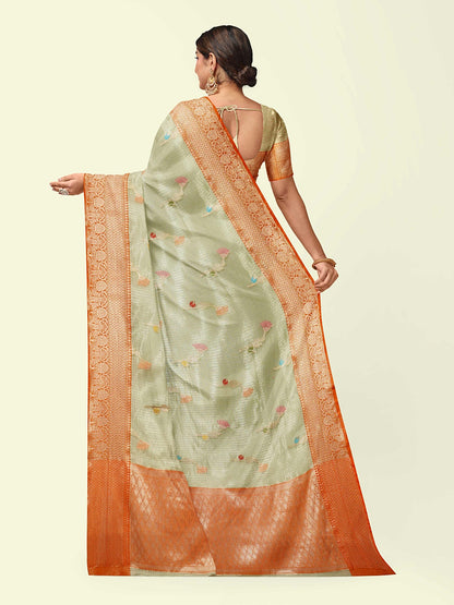 Faishana Presents Seagreen Woven Organza Orange Border With Orange Blouse Banarasi Saree