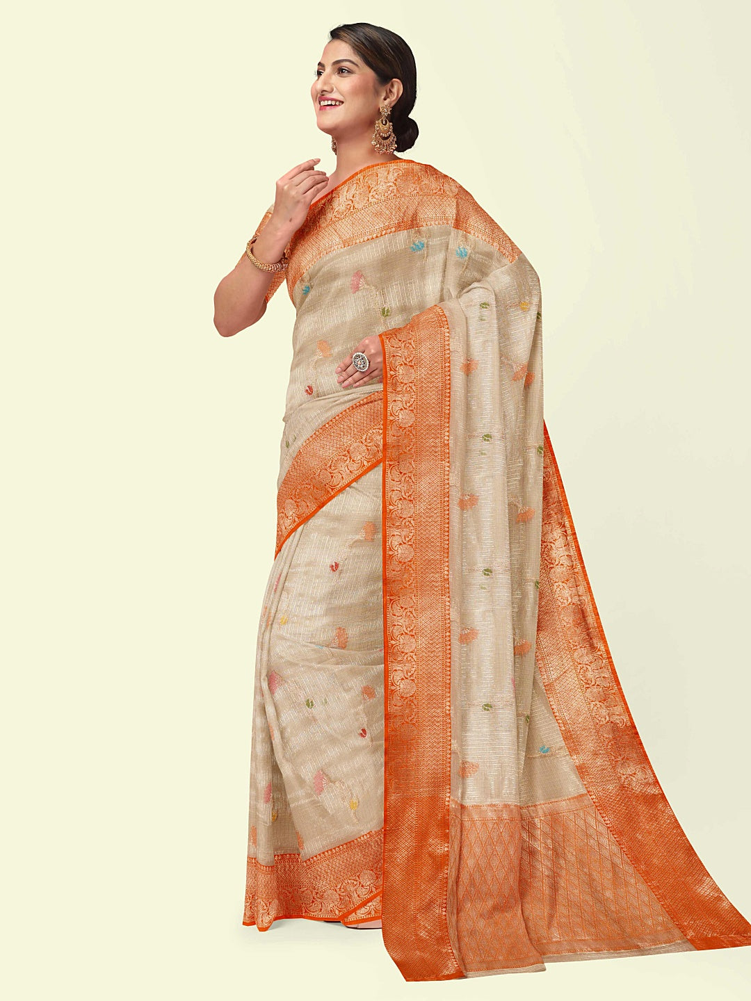 Faishana Presents Light Peach Woven Organza Orange Border With Beige Blouse Banarasi Saree