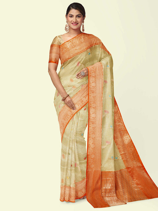 Faishana Presents Beige Woven Organza Orange Border With Beige Blouse Banarasi Saree