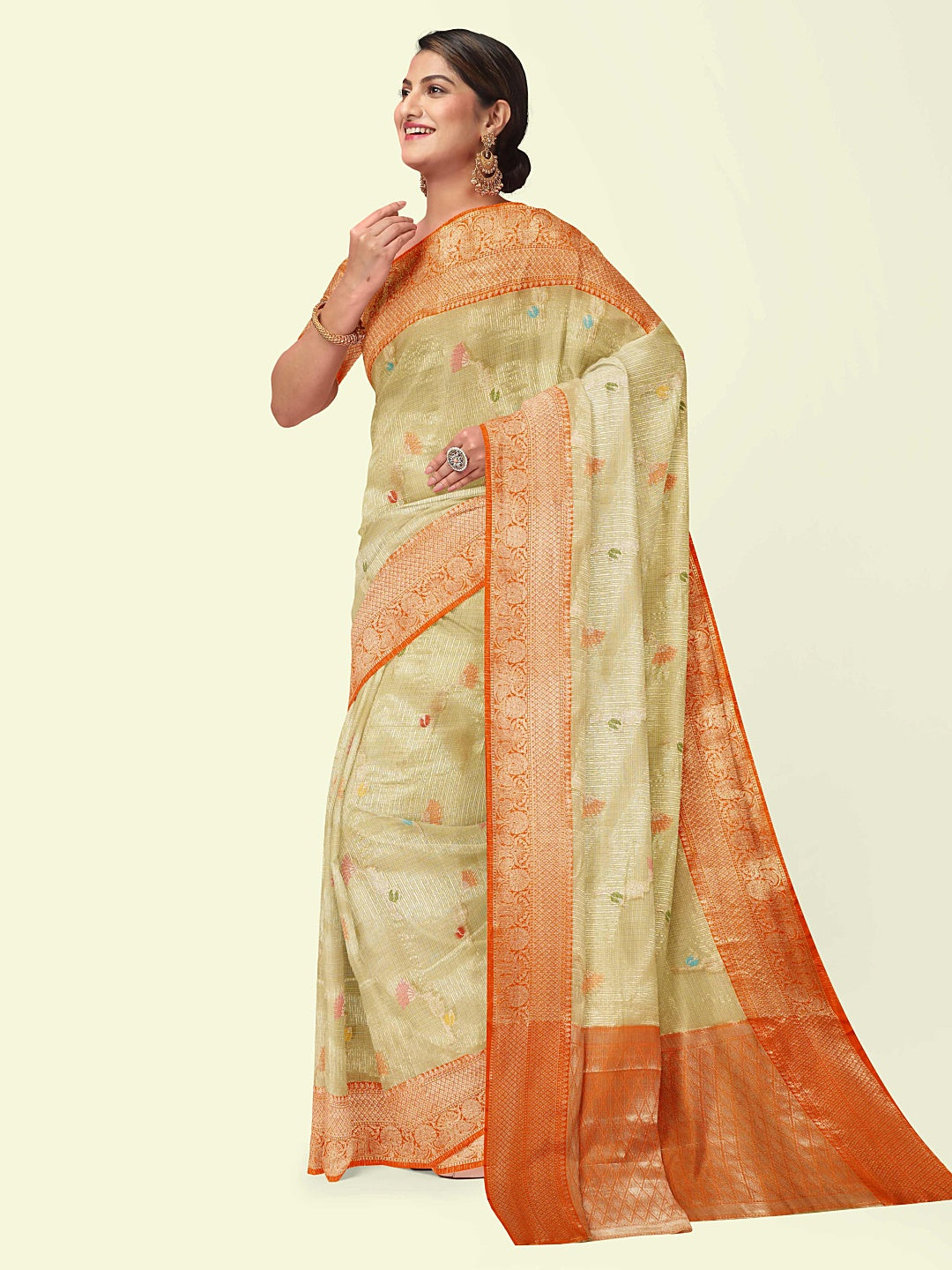 Faishana Presents Beige Woven Organza Orange Border With Beige Blouse Banarasi Saree