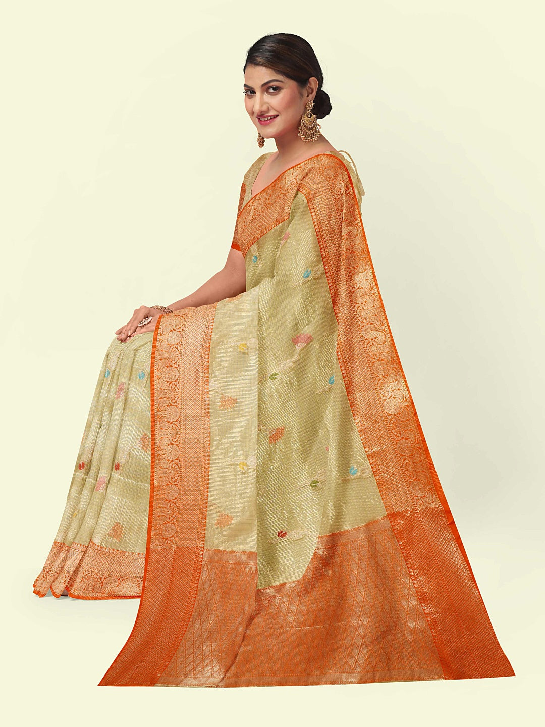 Faishana Presents Beige Woven Organza Orange Border With Beige Blouse Banarasi Saree