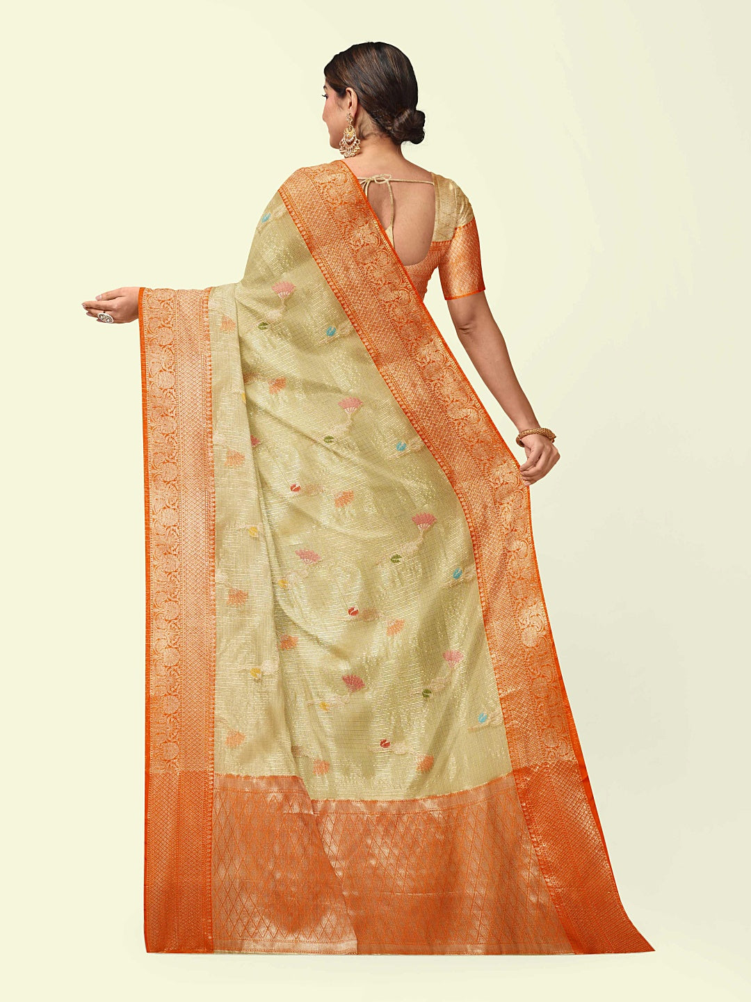 Faishana Presents Beige Woven Organza Orange Border With Beige Blouse Banarasi Saree