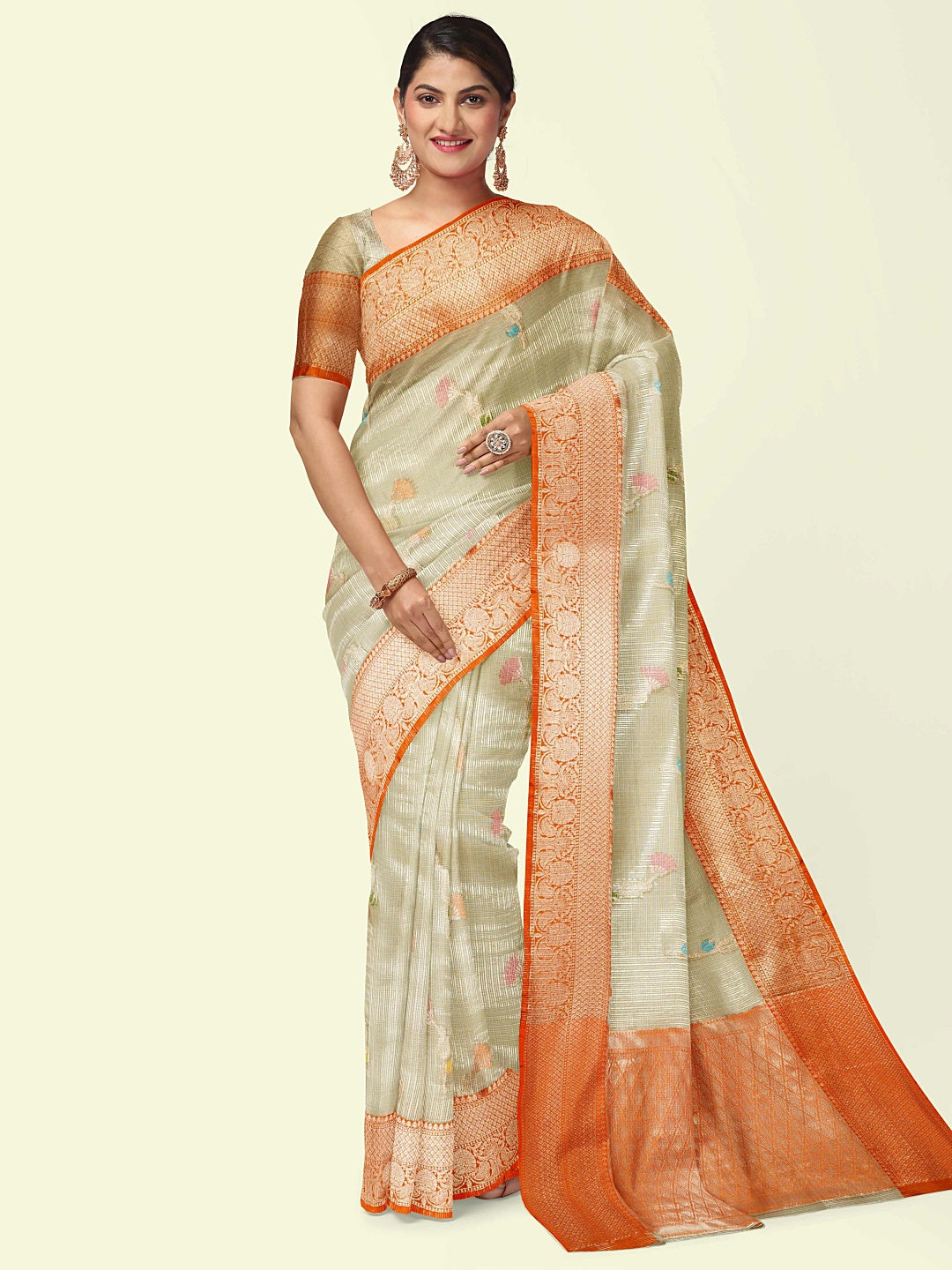 Faishana Presents Cream Woven Organza Orange Border With Cream Blouse Banarasi Saree