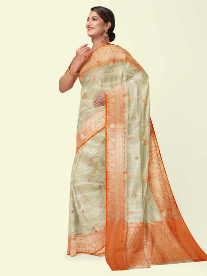 Faishana Presents Cream Woven Organza Orange Border With Cream Blouse Banarasi Saree