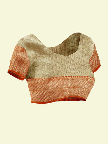 Faishana Presents Cream Woven Organza Orange Border With Cream Blouse Banarasi Saree