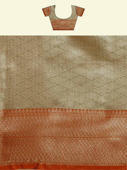 Faishana Presents Cream Woven Organza Orange Border With Cream Blouse Banarasi Saree