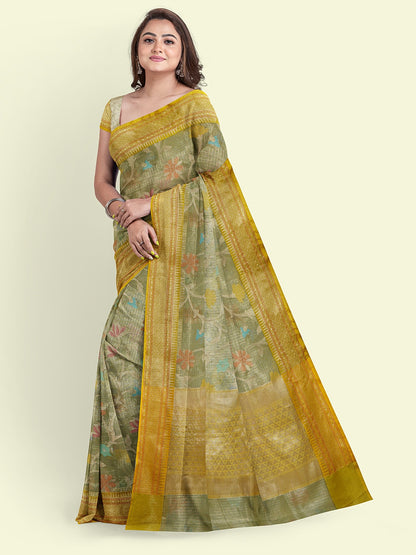 Green Cotton Blend Banarasi Sarees For Women GEHKR 106
