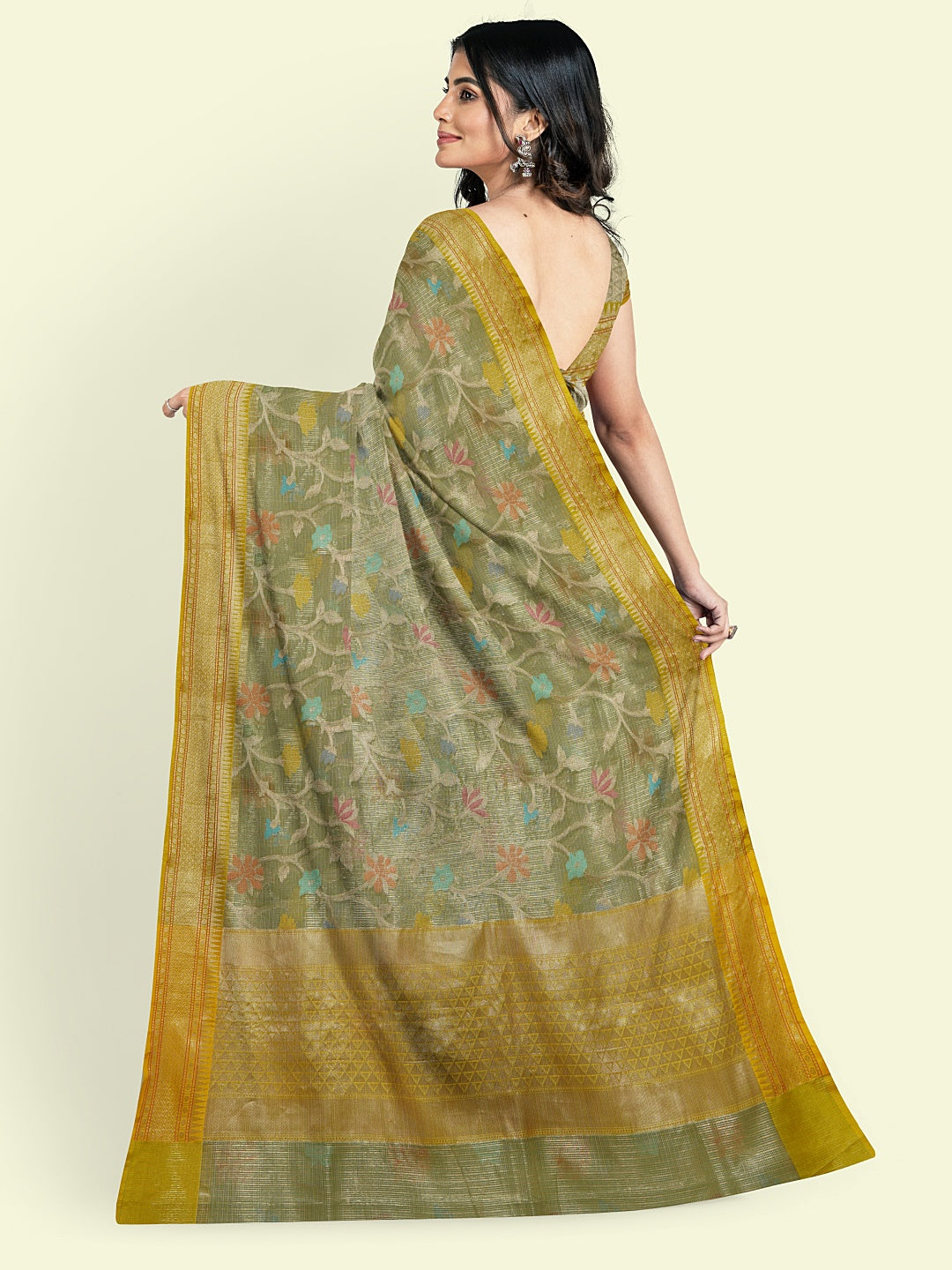 Green Cotton Blend Banarasi Sarees For Women GEHKR 106
