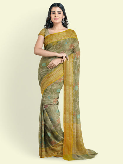 Faishana Presents Green Woven Organza Green Border With Green Blouse Banarasi Saree