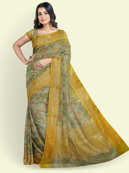 Green Cotton Blend Banarasi Sarees For Women GEHKR 106