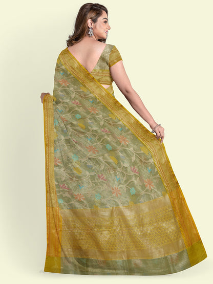 Green Cotton Blend Banarasi Sarees For Women GEHKR 106