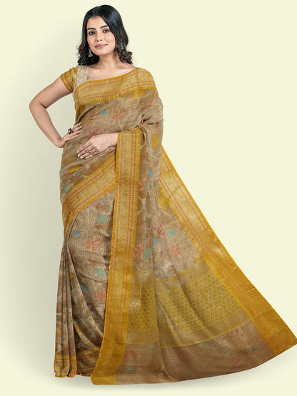 Faishana Presents Peach Woven Organza Yellow Border With Yellow Blouse Banarasi Saree