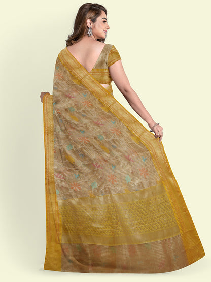Faishana Presents Peach Woven Organza Yellow Border With Yellow Blouse Banarasi Saree