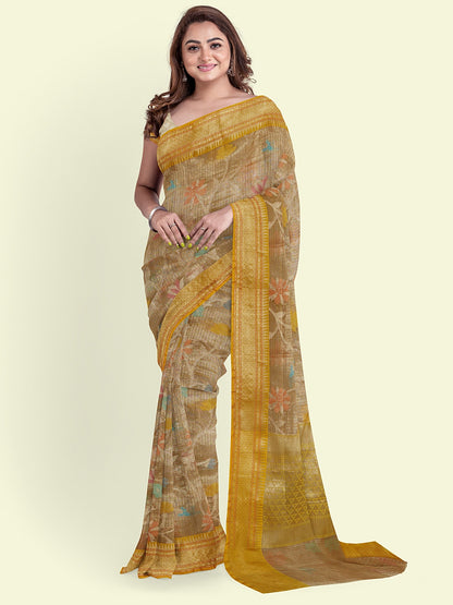 Faishana Presents Peach Woven Organza Yellow Border With Yellow Blouse Banarasi Saree