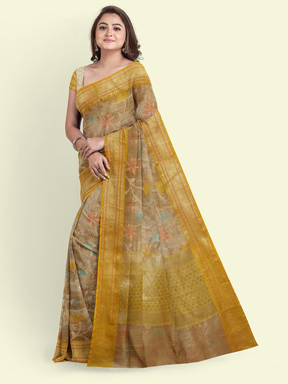 Faishana Presents Peach Woven Organza Yellow Border With Yellow Blouse Banarasi Saree