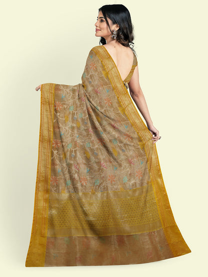 Faishana Presents Peach Woven Organza Yellow Border With Yellow Blouse Banarasi Saree