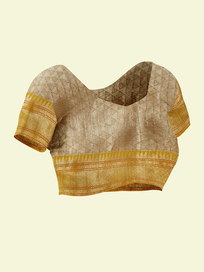 Faishana Presents Peach Woven Organza Yellow Border With Yellow Blouse Banarasi Saree