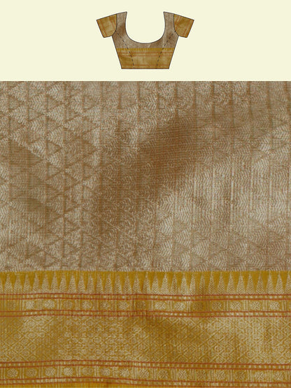 Faishana Presents Peach Woven Organza Yellow Border With Yellow Blouse Banarasi Saree