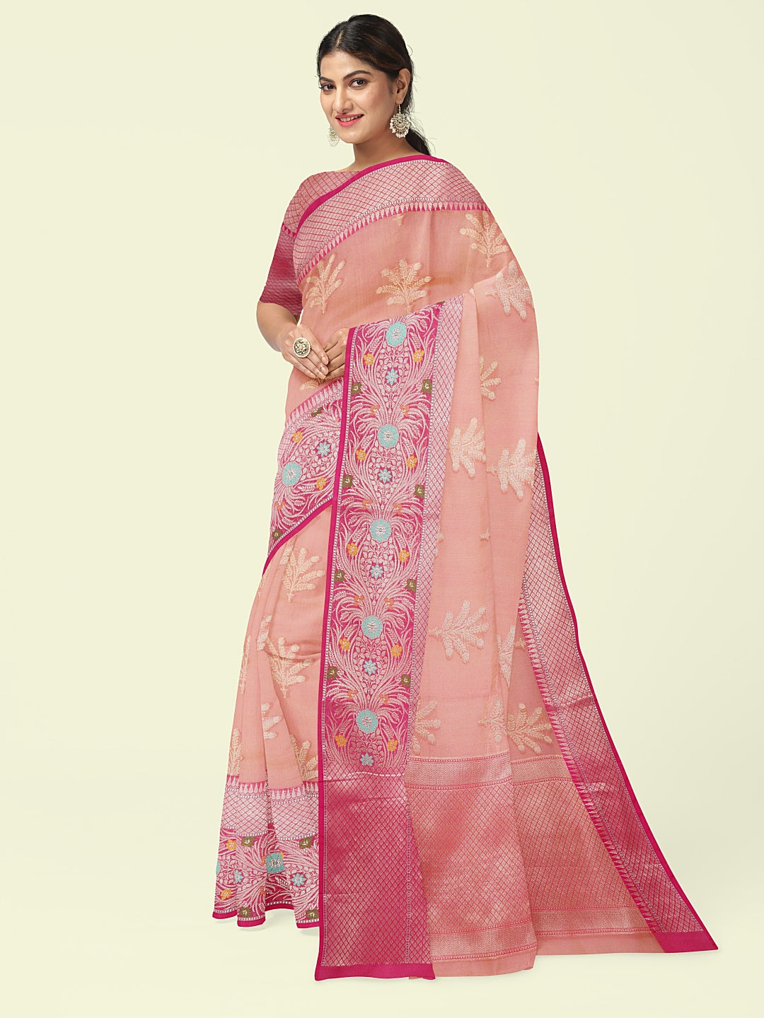 Orange Cotton Blend Banarasi Sarees For Women GEHKR 1
