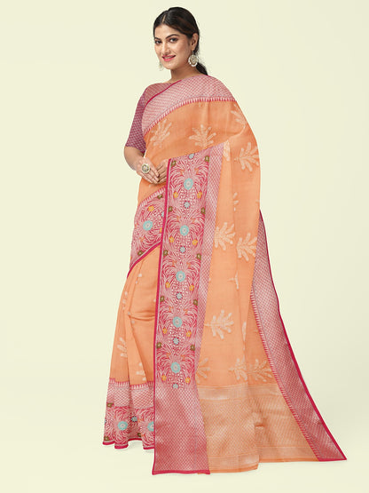Orange Cotton Blend Banarasi Sarees For Women GEHKR 4