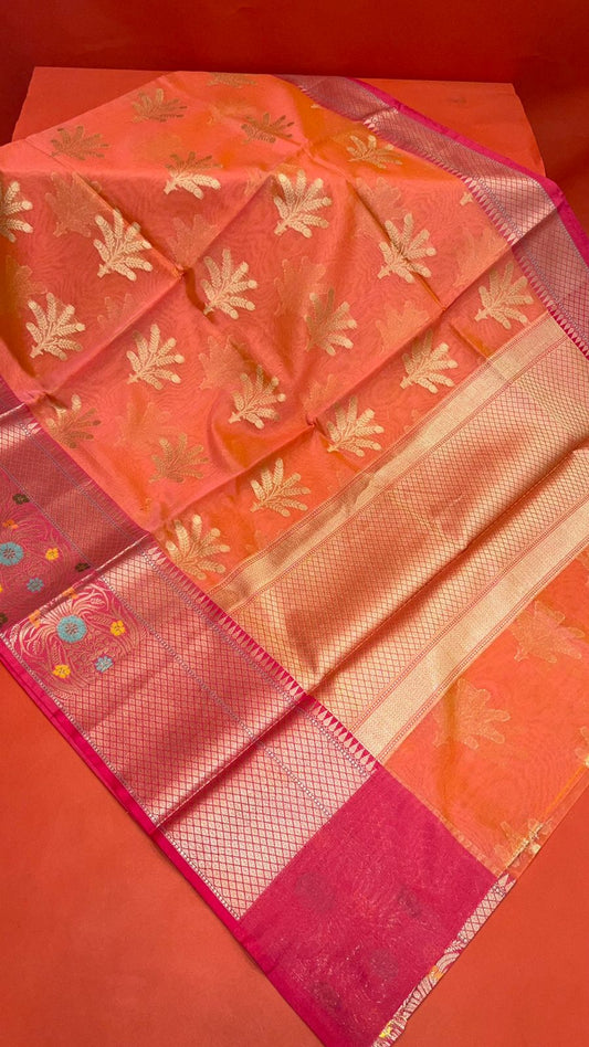 Orange Cotton Blend Banarasi Sarees For Women GEHKR 4