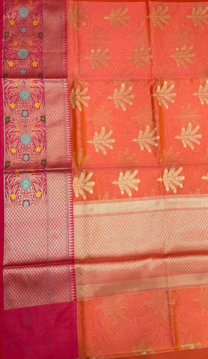 Orange Cotton Blend Banarasi Sarees For Women GEHKR 4