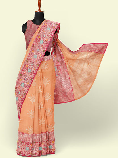 Orange Cotton Blend Banarasi Sarees For Women GEHKR 4