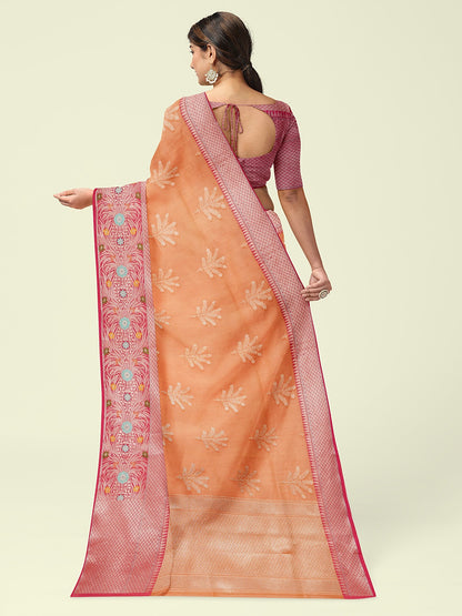 Orange Cotton Blend Banarasi Sarees For Women GEHKR 4